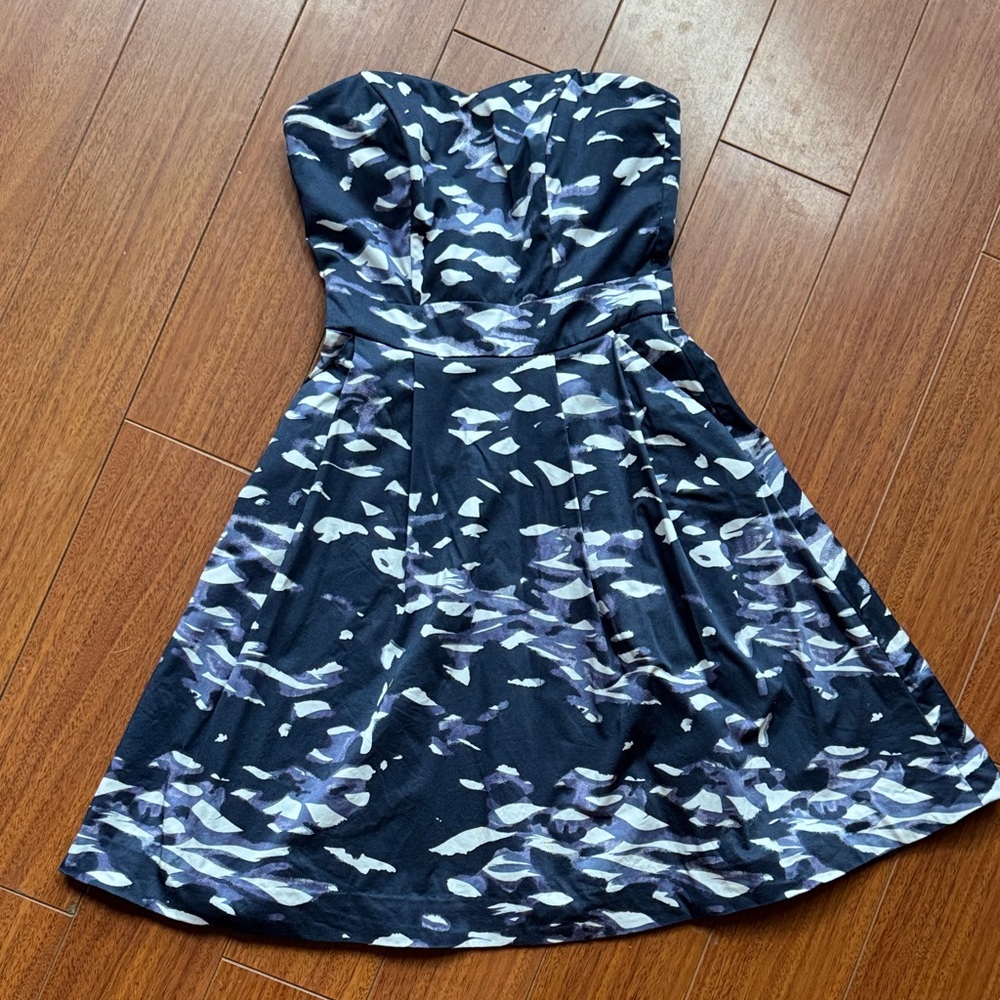 H&M Womens Strapless Dress Pockets Blue, Purple White Watercolor Pattern 4